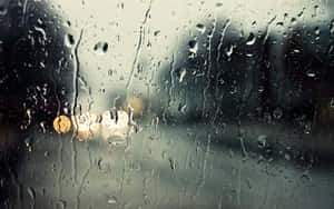 雨痕在夜間透過車窗模糊了城市燈光。 — 雨天 壁紙