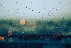 窗戶上的雨滴，背景是模糊的城市燈光。