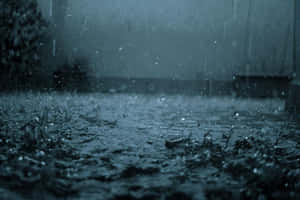 暴風雨天氣中雨滴濺在潮濕的路面上。