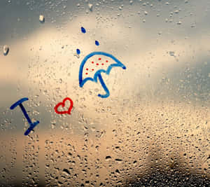手寫的「I love umbrella」在濺滿雨水的窗玻璃上。