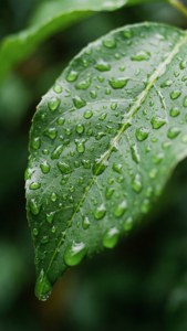 一片佈滿水珠的綠葉，背景柔和模糊。