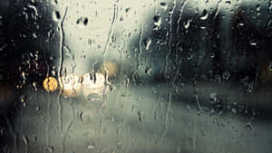 車窗上的雨滴，背景中模糊的街燈發光。 — 雨天 壁紙
