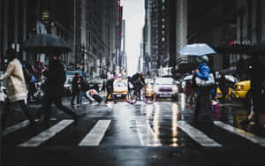 撐傘的行人和騎單車者穿越一條濕漉漉的、兩旁高樓林立的城市街道。