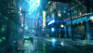 未來城市夜晚街道，霓虹燈光在濕漉漉的人行道上反射。 — 雨 壁紙