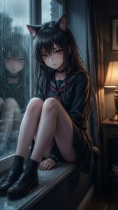 一個悲傷的貓耳動漫女孩穿著校服坐在雨窗旁。 — 動漫風格動圖 壁紙