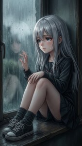 一個悲傷的銀髮動漫女孩坐在雨窗前，淚水落下。