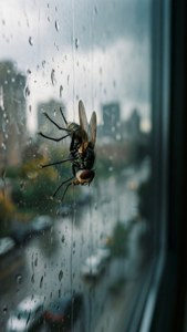 一隻蒼蠅黏在雨窗上，俯瞰城市。