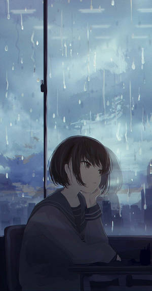 一個沉思的動漫女孩穿著校服，透過雨窗望向城市景觀。