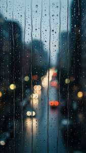 雨滴沿玻璃窗流下，將夜晚的城市燈光模糊成發光球體。