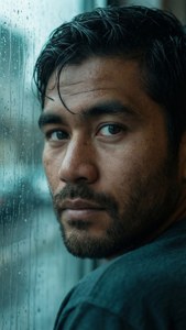 一個頭髮濕透、留鬍鬚的男人，透過濺滿雨水的窗戶，表情嚴肅地看著。