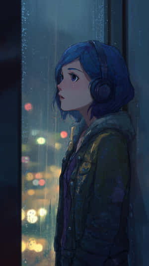 藍髮動漫女孩戴著耳機，透過雨水濺灑的窗戶凝視著夜晚發光的城市燈光。 — 可愛動漫女仔 壁紙