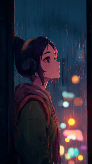 戴著耳機的年輕動漫女孩，透過雨水濺灑的窗戶，看著夜晚色彩繽紛的城市燈光。 — 可愛動漫女仔 壁紙