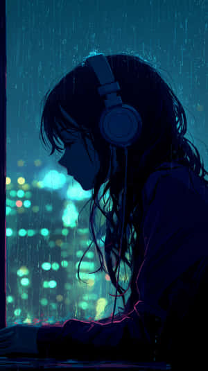 動漫女孩戴著耳機，從雨水濕潤的窗戶望向夜晚閃爍的城市燈光 — 可愛動漫女仔 壁紙