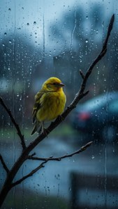 透過濺滿雨水的窗戶看到一隻黃色鳥棲息在樹枝上。