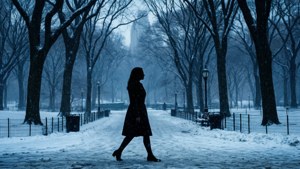 一名女子獨自走在冬日公園積雪小徑上的剪影。