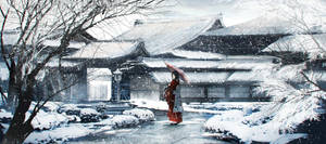 一個穿著紅色和服的人撐著紅傘走過白雪覆蓋的寺廟場地。 — 可愛動漫女仔 壁紙