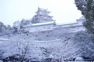 一座歷史悠久的日本城堡被白雪覆蓋，前景是積雪的樹木。