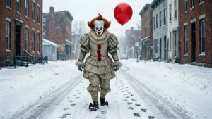 一個可怕的小丑拿著紅色氣球走在積雪的街道上。 — Pennywise 壁紙
