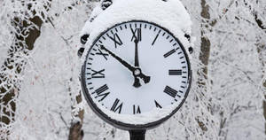 冬季森林中帶有羅馬數字的雪覆蓋時鐘