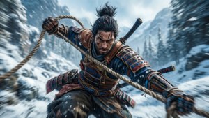 武士戰士在雪地山林中抓住繩索擺盪