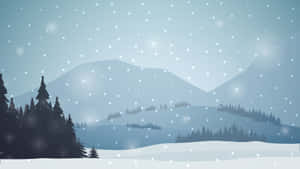 在寧靜的冬日場景中，白雪覆蓋的山脈和松樹上下雪。