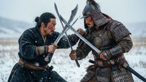 兩名身穿盔甲的戰士在雪地上用劍戰鬥。 — 對馬戰鬼 GIF 壁紙