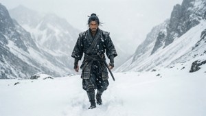 武士戰士在暴風雪中走過雪山。