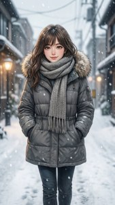 年輕女性穿著冬季外套站在積雪街道上，雪花飄落。