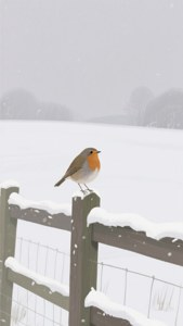 冬日裡一隻橙色胸脯的知更鳥棲息在積雪的木柵欄上