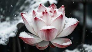 冬日裡一朵沾滿雪花的粉白色蓮花。 — 蓮花 GIF 壁紙