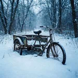 冬日森林中被雪覆蓋的生鏽三輪車