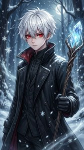 一位白髮動漫少年手持水晶法杖，佇立於夜晚的雪森林中。