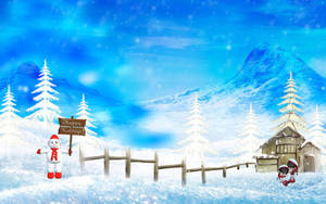 雪人喺雪地冬日風景中嘅小屋附近舉住「節日快樂」嘅牌。 — 聖誕快樂 GIF 壁紙