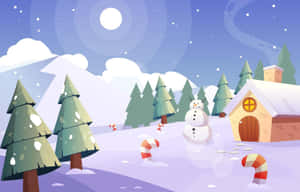 雪人和拐杖糖在雪地冬季森林中的小屋附近（夜晚）。