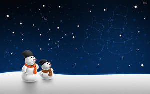 兩個戴著圍巾的雪人在星空下觀看雪人星座。