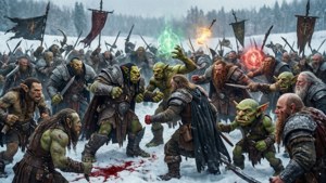 一場獸人與人類及矮人聯軍之間的史詩戰鬥，在雪地景觀中激烈展開。 — 龍與地下城 壁紙
