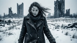 一名身穿冬季外套的女子走過積雪破敗的城市。
