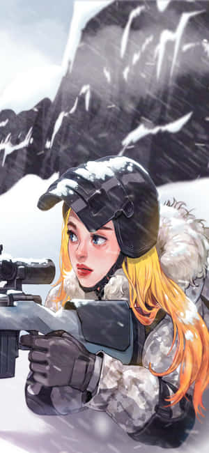 金髮女兵穿著冬季裝備在雪地山區瞄準步槍。 — iPhone 14 Plus 壁紙