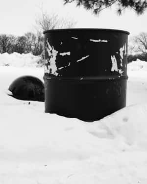 黑色桶和圓頂部分埋在雪中，背景有光禿的樹木。