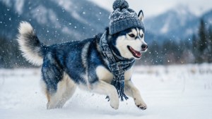 穿著冬季裝備的哈士奇在雪中奔跑，後面有山。 — 毛毛 壁紙