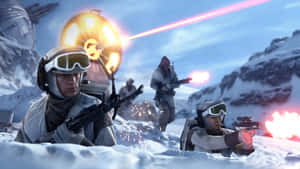 雪地士兵在雪地戰鬥中開火，背景中一艘星艦爆炸。 — 戰爭 壁紙