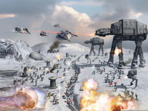 星際大戰戰鬥場景，AT-AT 步行機和星際戰機在雪地地形中戰鬥。 — 星際大戰 壁紙