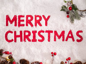 Merry Christmas 用雪寫成，配有松樹和莓果