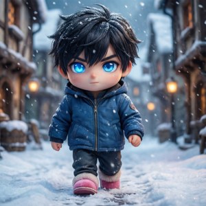一個穿著藍色外套的Q版動畫男孩走在雪村街道上。