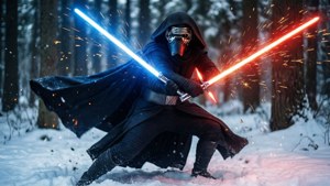 Kylo Ren 在雪林中揮舞光劍交鋒。