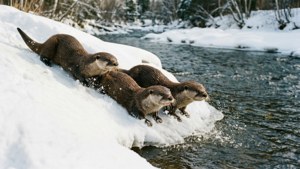 三隻水獺在冬天滑入雪覆蓋的河岸。 — 水獺 壁紙