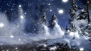 白雪覆蓋的松樹在繁星點點的夜空下與魔法球體一起閃耀。 — 冬天桌面 壁紙