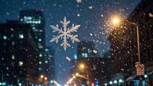 一個大型雪花在夜晚積雪的街道前對焦，有發光的燈光。