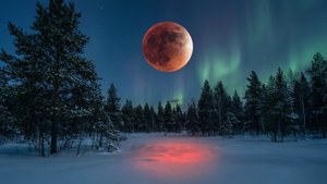 血月在雪松林上空發出紅光，天空中有綠色極光