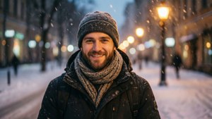 一位微笑的男子裹著冬季衣物，在黃昏時分走過積雪的城市街道。